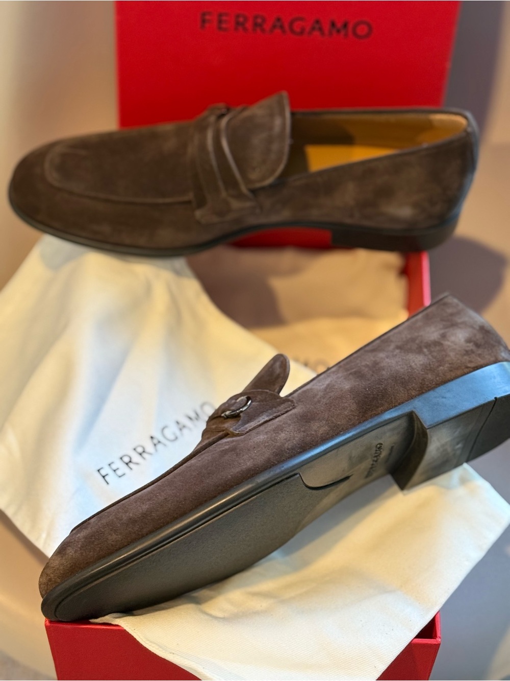 Salvatore Ferragamo Men’s Dark Brown Suede Penny Loafers